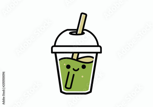 A cute cartoon illustration of a green beverage in a disposable cup with a lid and straw, featuring a happy face on the cup