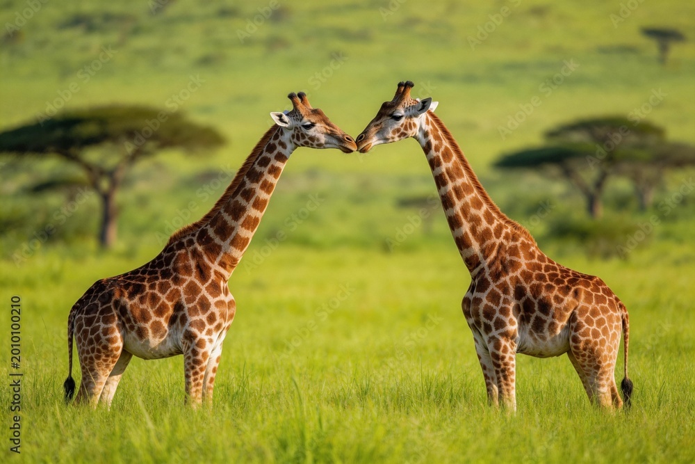 Obraz premium Two giraffes interacting in grassland