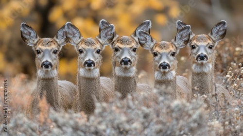 A quintet of deer, arranged in a row, peers directly at the viewer within an outdoor setting