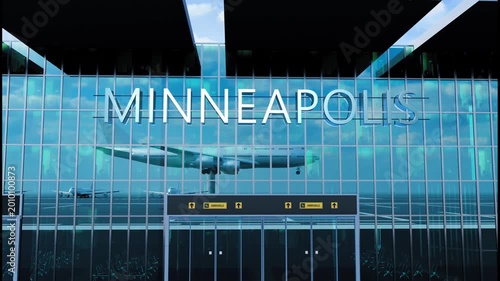 Airlane landing at Minneapolis, USA. Arrival in the city with reflection of airport and aircraft