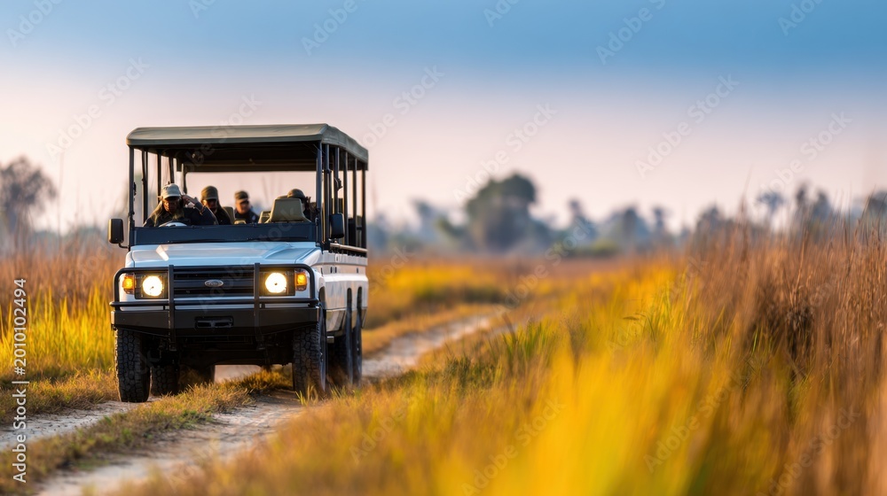 Fototapeta premium A safari vehicle drives through tall grasses under a beautiful sky at dusk