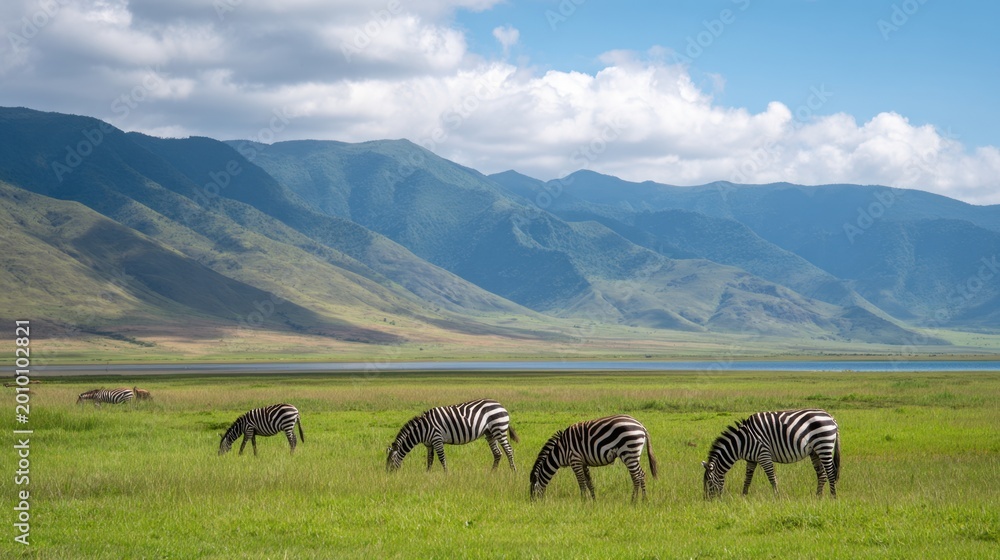 Fototapeta premium A serene landscape featuring zebras grazing on lush grass with distant mountains and blue sky