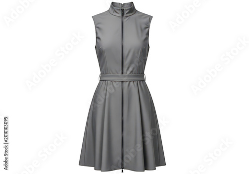 Elegant gray sleeveless wrap dress with tie waist detail isolated on transparent background
