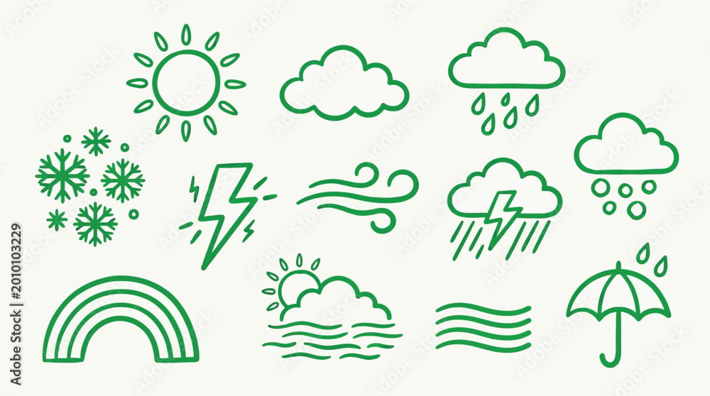 Fototapeta premium Weather Icons Set: Sun, Clouds, Rain, Snow, Lightning, Wind, Rainbow, and Sea Waves.
