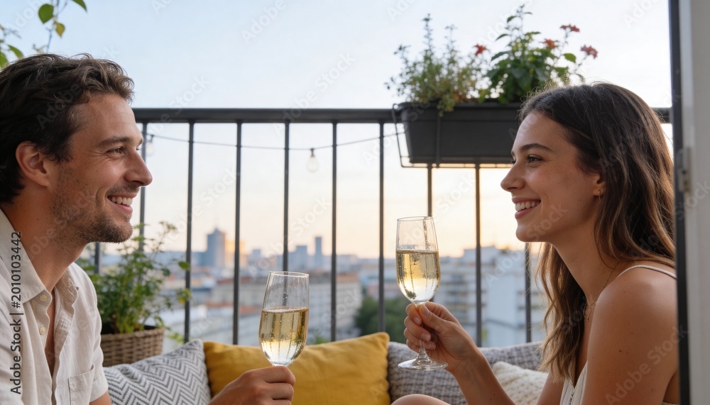 Fototapeta premium Young couple toasting with wine on a balcony at sunset. Romantic date night in the city. Man and woman clinking glasses with city skyline background. Urban lifestyle and celebration