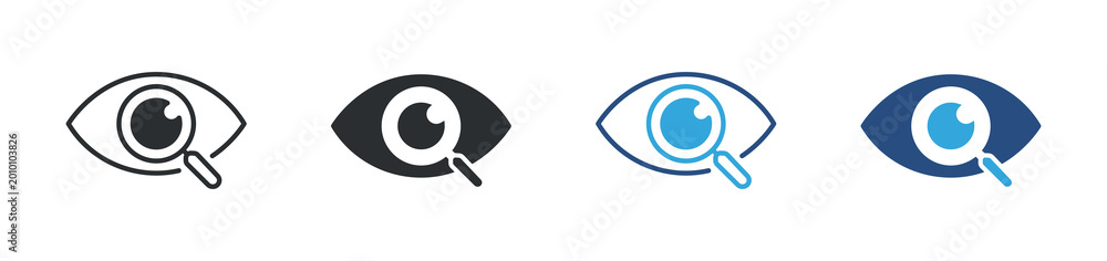 Obraz premium Eye magnifier icon set. vision search with zoom tool. inspection and analysis concept. vector illustration.