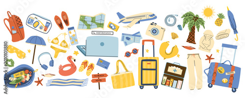 Vacation plane luggage elements for tropical vibe in cartoon flat style. Travel by plane items and beach seaside elements. Summer vacation essentials and accessories for travel planning.