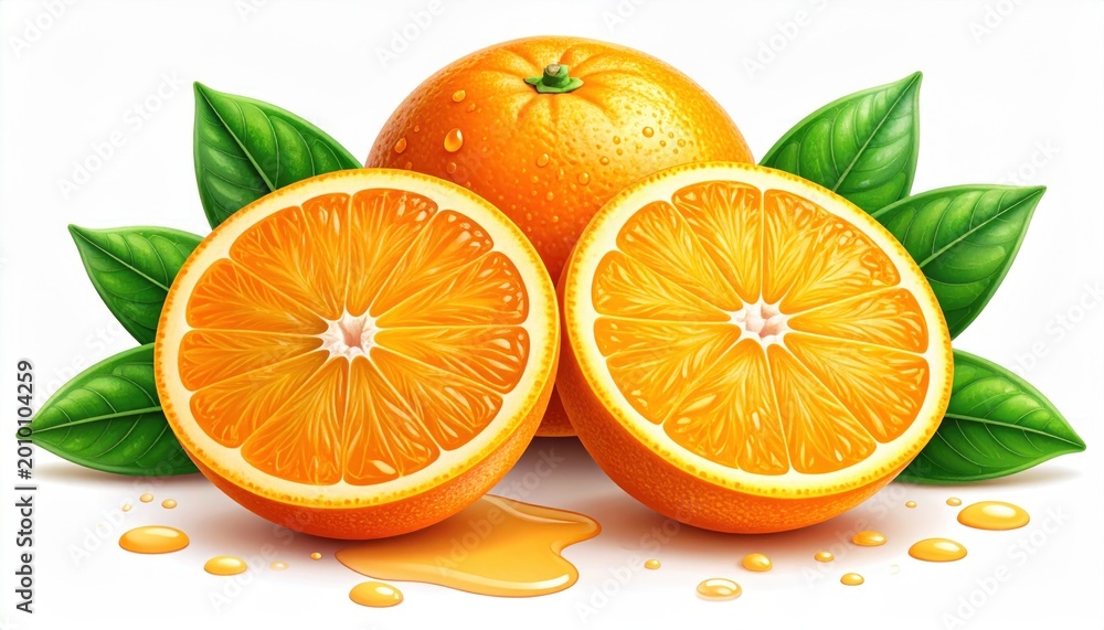 Fototapeta premium Fresh whole and halved oranges with green leaves and juice droplets on white background