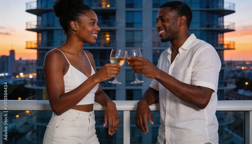 Fototapeta premium Couple toasting with wine on a balcony at sunset. Romantic date night in the city. Young Black man and woman celebrating on a high-rise terrace. Urban lifestyle and relationship concept