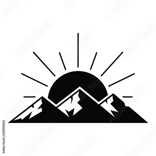 Mountain range with sunrise vector graphic icon for outdoor adventure branding