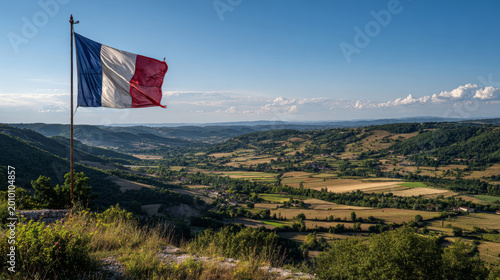 National flag of France waving over a scenic countryside landscape with rolling hills and fields. Ideal for agricultural themes and independence day holiday projects.