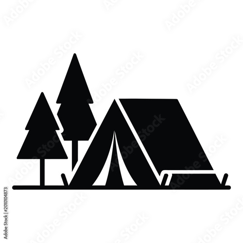 Camping tent with pine trees vector icon for outdoor travel and exploration