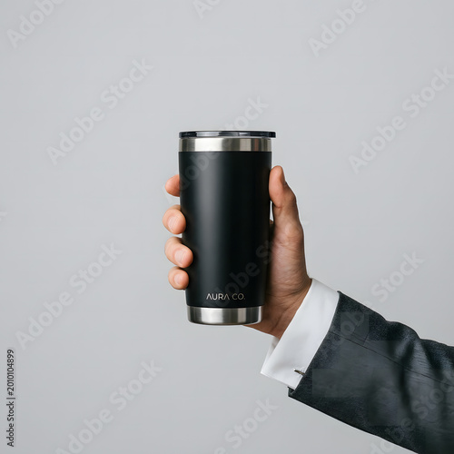 A professional hand wearing a suit holds a matte black stainless steel travel tumbler cup featuring a sleek minimal design for hot or cold drinks.