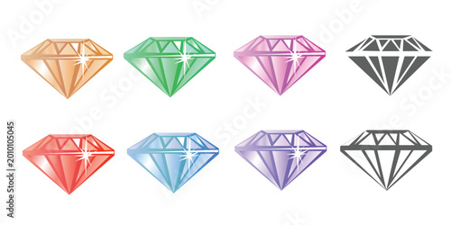 A set of multi-colored crystals and black crystal silhouettes in side view. Hand-drawn vector elements on a white background.