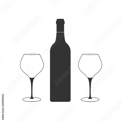 Black and white wine bottle with two empty glasses vector illustration
