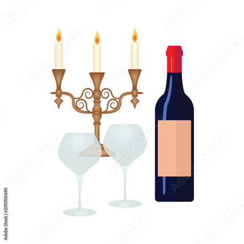 Romantic dinner vector with wine bottle, glasses and candle holder on table
