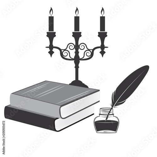 Black and white vintage writing scene with books, ink bottle and candle holder vector