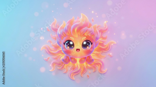 Cute cartoon sun character with big expressive eyes and flowing flame hair floating in a soft pastel blue and pink gradient sky background.