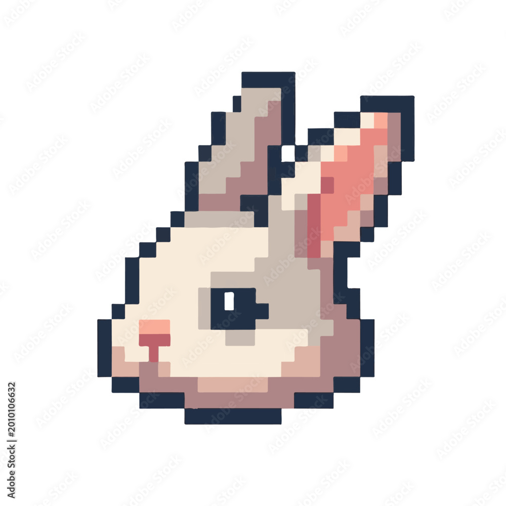 Fototapeta premium Pixel Art White Rabbit Head Icon with Pink Ears and Nostrils