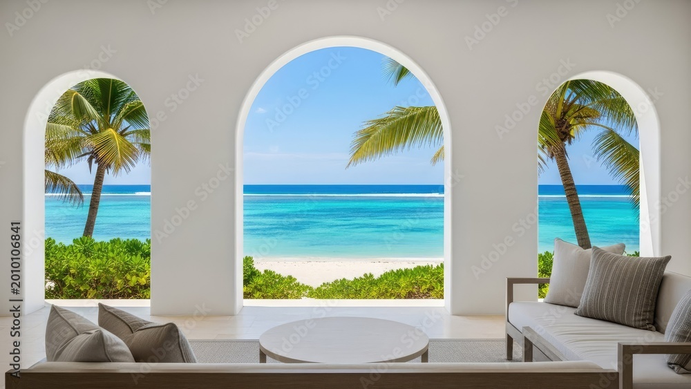 Fototapeta premium tropical beach view through arched windows in modern luxury living room