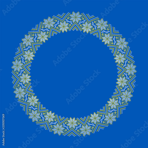 Ukrainian Circular Embroidery Frame Blue Yellow White Folk Ornament Round Vyshyvanka Border Ethnic Cross Stitch Decorative Floral Wreath Pattern