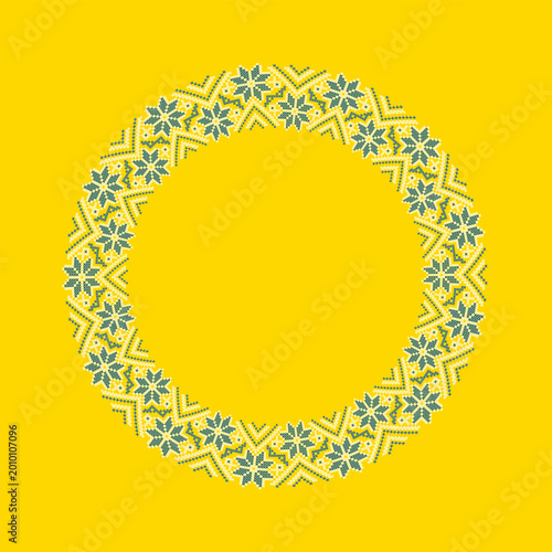 Ukrainian Circular Embroidery Wreath Blue White Folk Ornament Round Vyshyvanka Border Decorative Ethnic Cross Stitch Frame Yellow Background