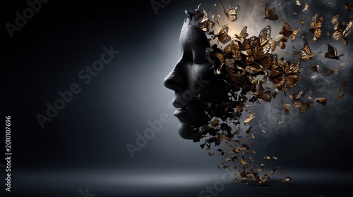 Human head dissolving into butterflies symbolizing freedom abstract art dark environment surreal viewpoint