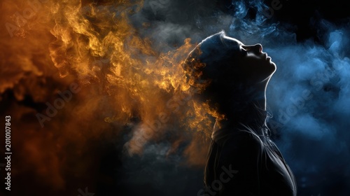 Human silhouette dissolving into colorful smoke at night artistic photography surreal environment side view creative concept