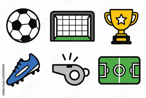 Soccer football icon set ball goal trophy whistle field and boot flat design style