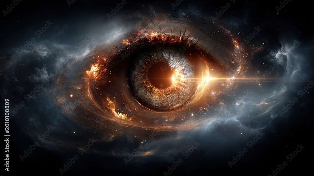 Fototapeta premium A fiery glowing eye gazing into a universe of infinite possibilities digital art cosmic environment artistic perspective imagination