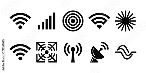 Quadro su tela Wireless communication icon set representing wifi, cellular signal, radio waves,