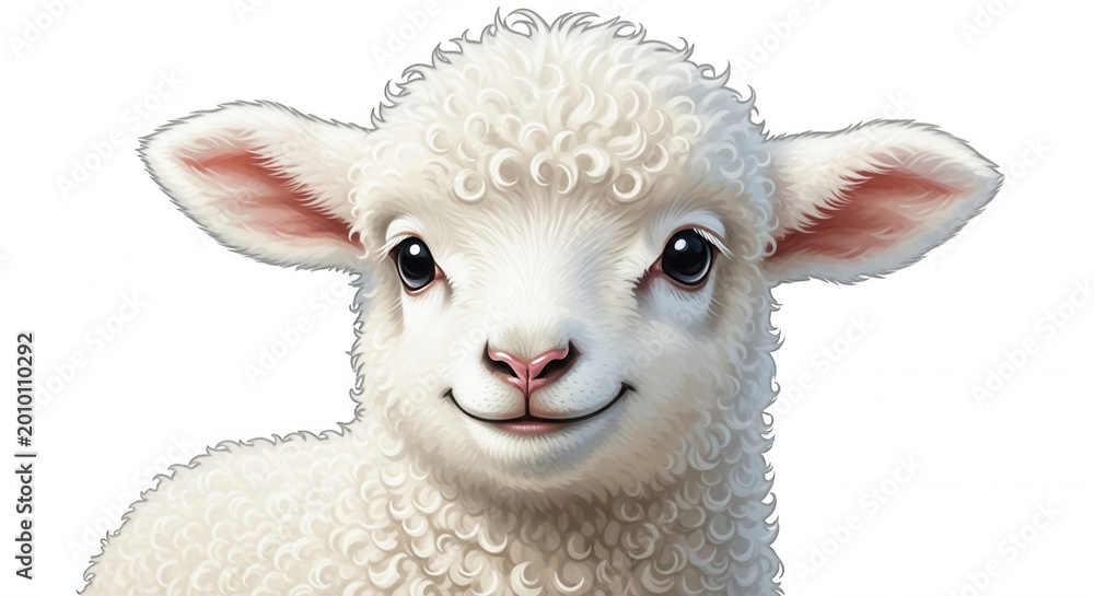 Fototapeta premium A close-up portrait of a fluffy white lamb with soft curly wool, pink ears, and large dark eyes, isolated against a solid black background