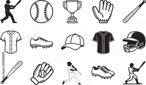 A comprehensive collection of baseball elements, icons, and silhouettes. A high-angle monochrome shot showcases baseball gear, accessories, and player illustrations. 