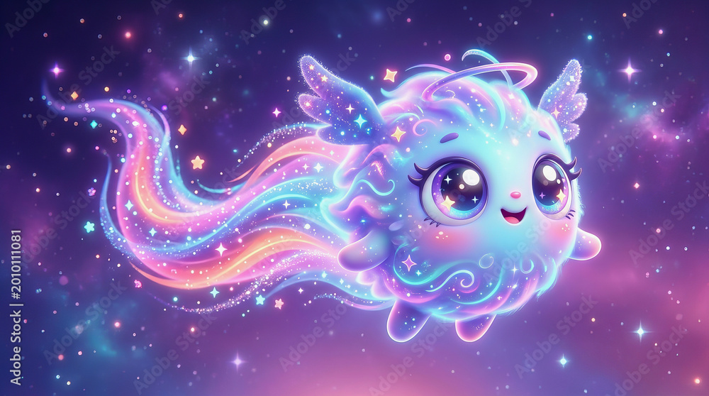 Fototapeta premium Cute glowing jellyfish with wings swims through colorful starry space background