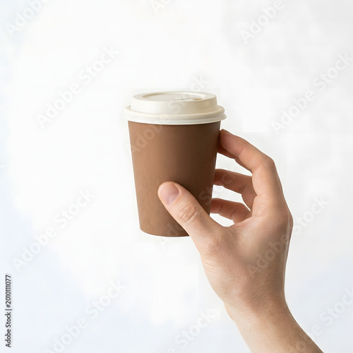 A man holds a blank brown paper coffee cup with a white plastic lid tightly in his hand against a clean and simple minimalist light background.