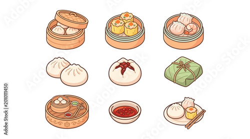 Photography A collection of nine delicious and diverse Asian dim sum dishes, presented in a visually appealing grid layout