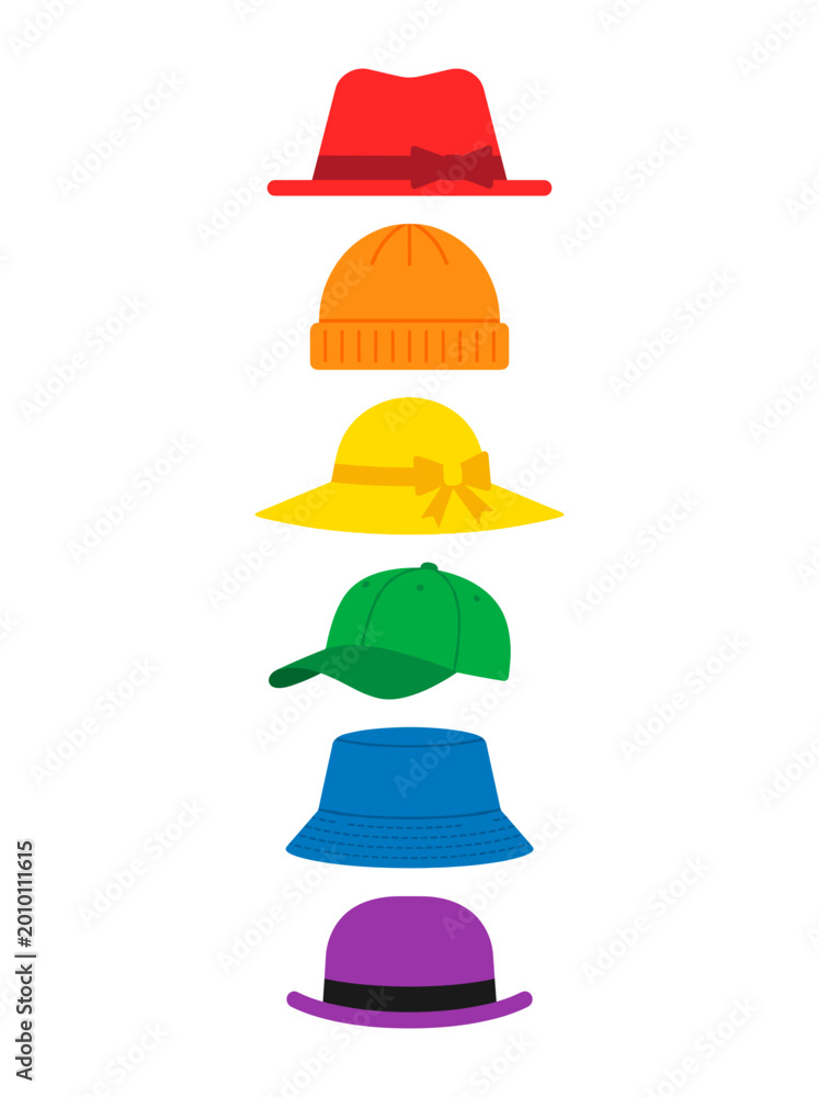 Fototapeta premium Arrangement of colorful hats, each of which in a different color