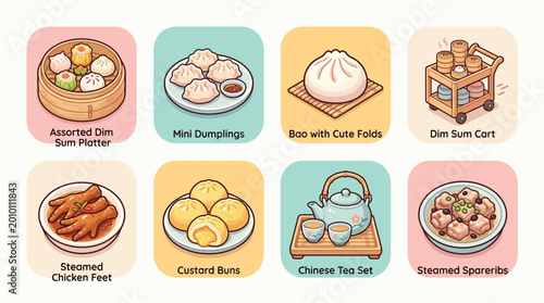 Obraz na płótnie A charming collection of eight illustrated icons representing various popular Chinese dim sum dishes and tea set