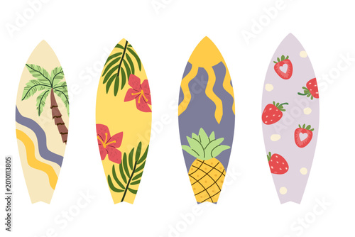 Bild auf Leinwand Set of surfboards featuring tropical designs in a cartoon flat style
