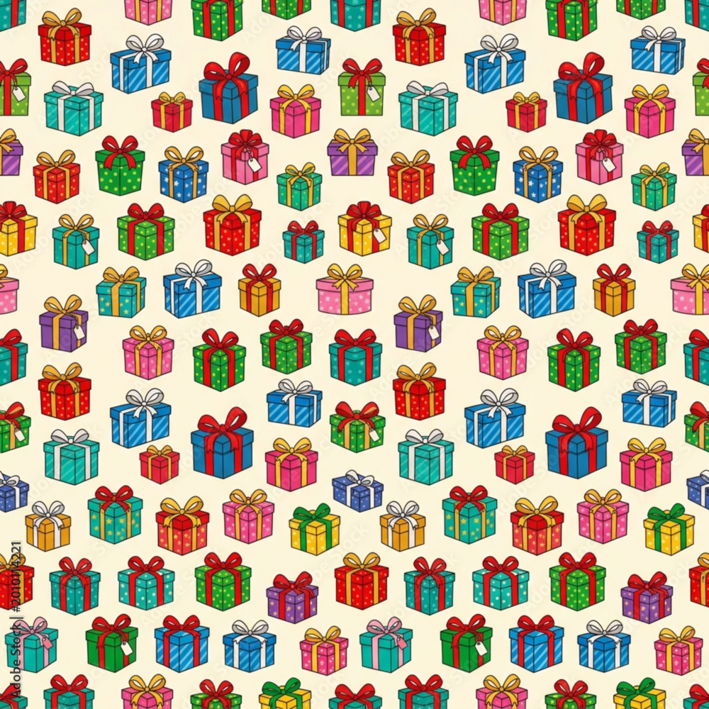 Obraz premium Colorful gift boxes with ribbons seamless pattern on beige background for festive designs