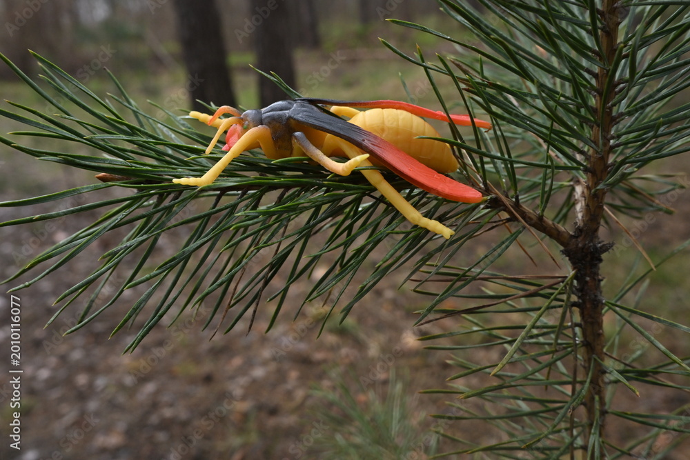 Fototapeta premium Toy insect sitting on a green pine branch capturing childhood and outdoor exploration wonder