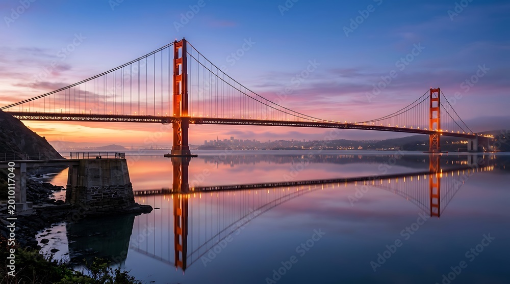 Fototapeta premium Golden gate bridge at sunset with reflection on the water in san francisco