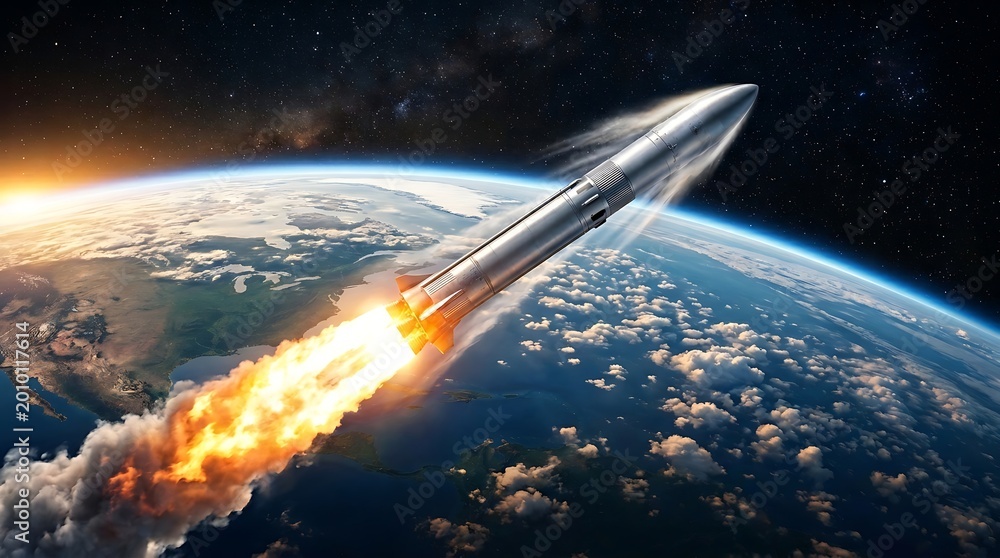 Fototapeta premium A silver rocket launching into space with flames and smoke against a stunning view of earth from outer space with stars
