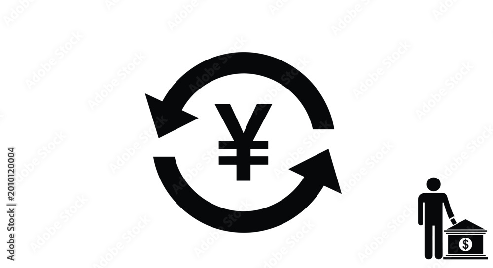 Obraz premium Currency exchange symbol featuring a large yen sign and arrows is shown next to a silhouette of a person making a deposit at a bank.