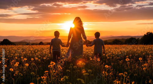 mother and children walking in golden sunflower field at sunset for mothers day celebration