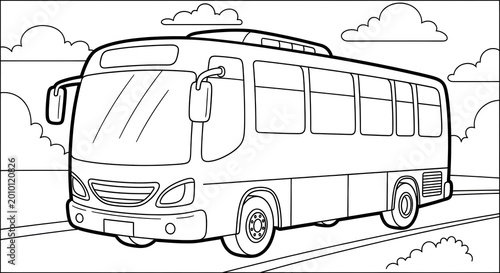 Cartoon Bus Line Art Coloring Page. Simple Black and White Vehicle Illustration on Road with Clouds for Kids' Activity.