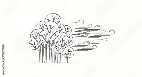 Simple Outline Illustration of Trees in the Wind, Nature Weather Concept