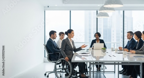 A diverse team of professional business people, including a woman in a wheelchair, collaborate and hold a meeting in a bright, modern corporate boardroom with a city view.