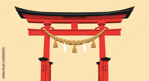 Traditional red torii gate at a Japanese shrine features a thick sacred rope called shimenawa with white paper strips.