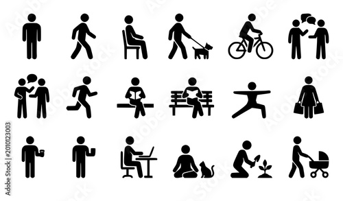 Cuadro en lienzo People silhouettes with animals and bicycles vector set showing lifestyle poses